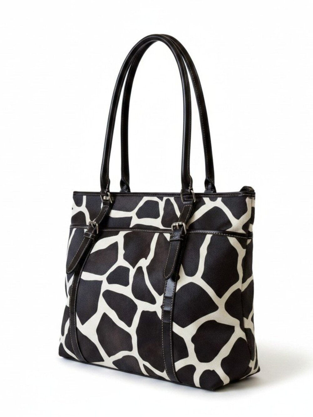 Nine & CO’s Brown and Cream Giraffe Textured Faux Leather Tote Bag OS
